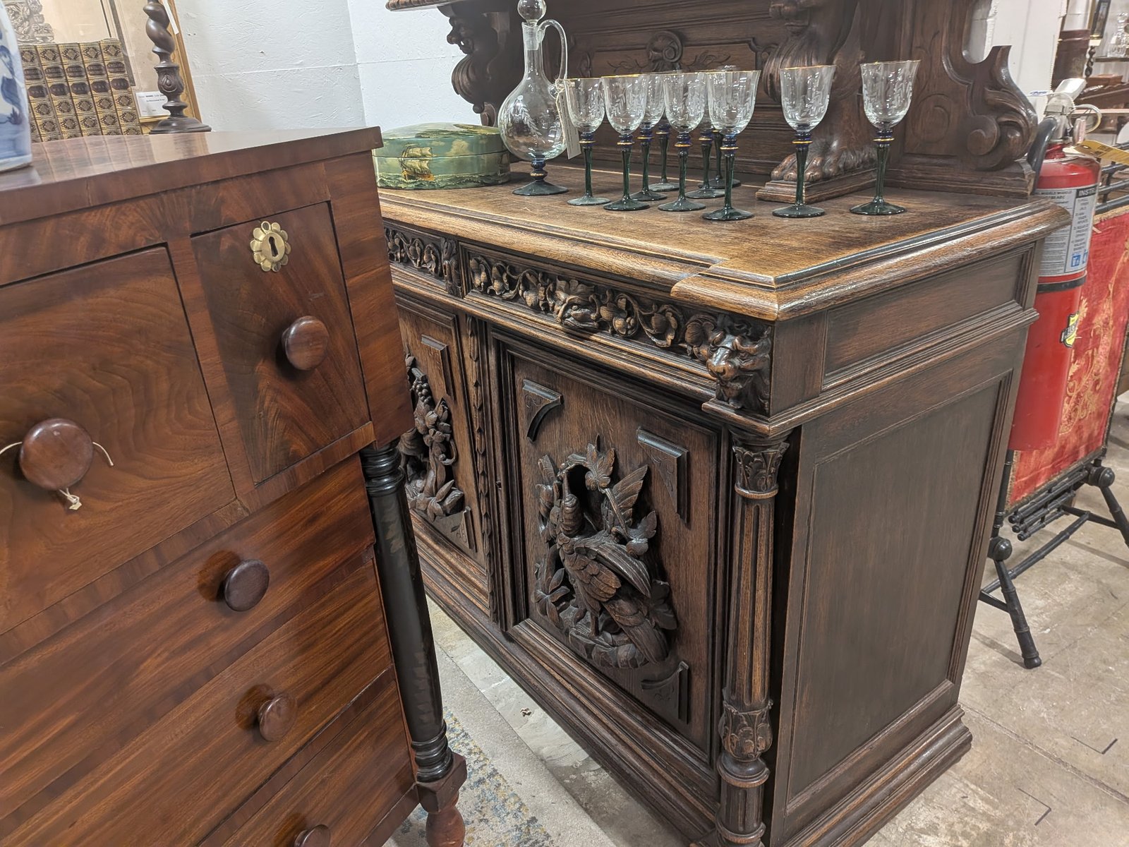 Antique Carved Oak Cabinet with Figural Panels