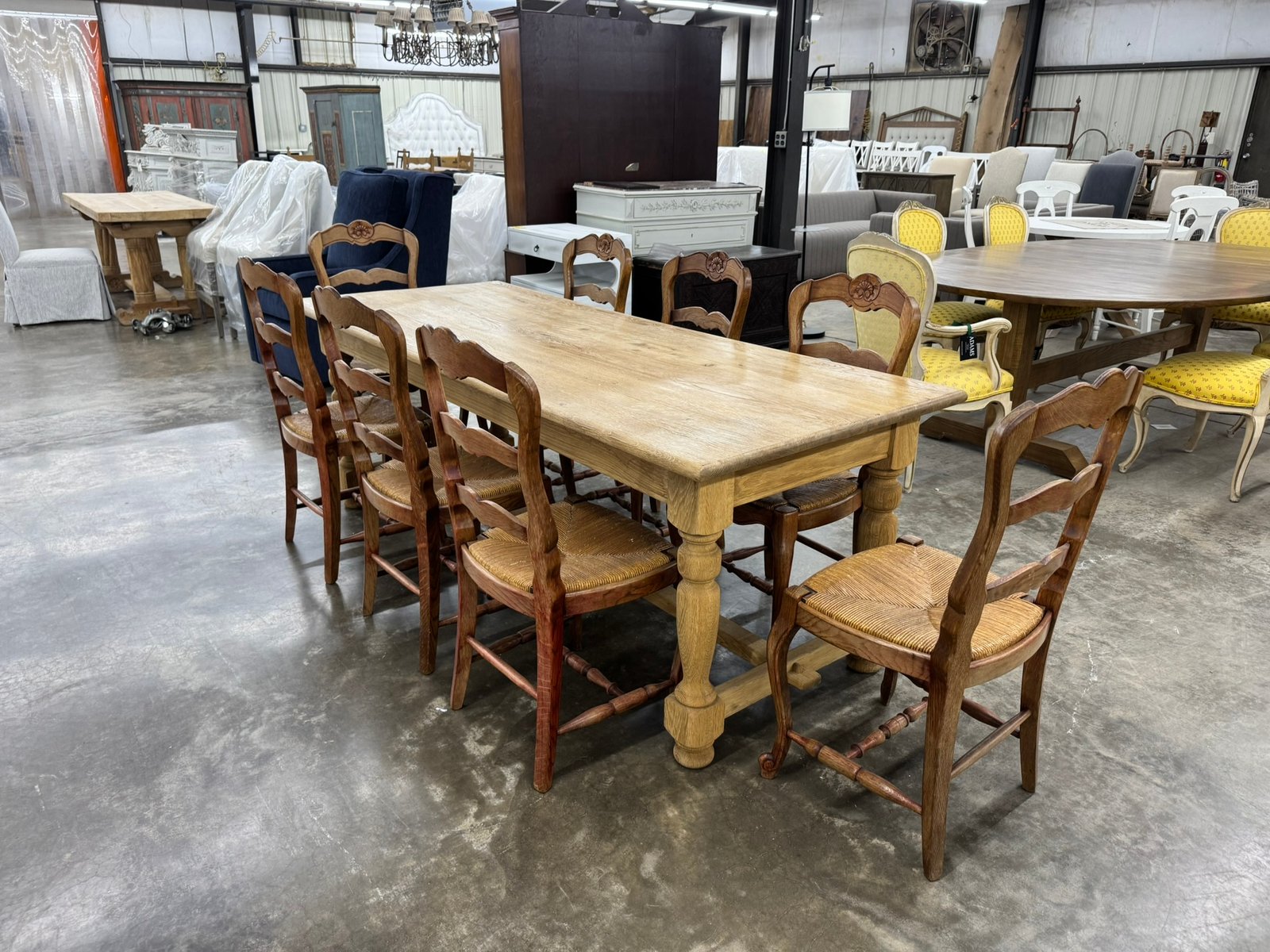 Farmhouse Dining Table & 8 Ladder-Back Rush-Seat Chairs
