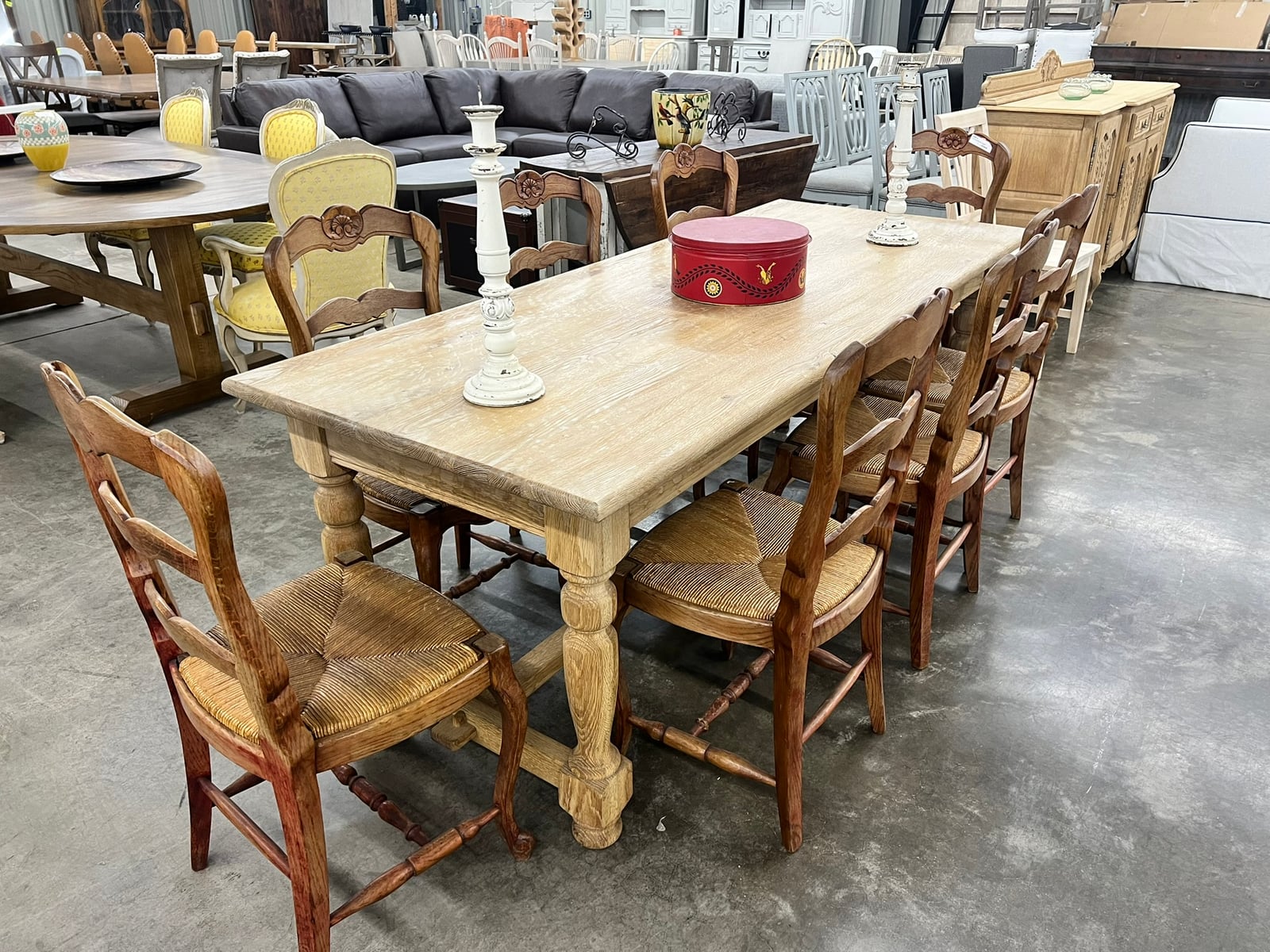 French Country Dining Table with Rush-Seat Ladderbacks