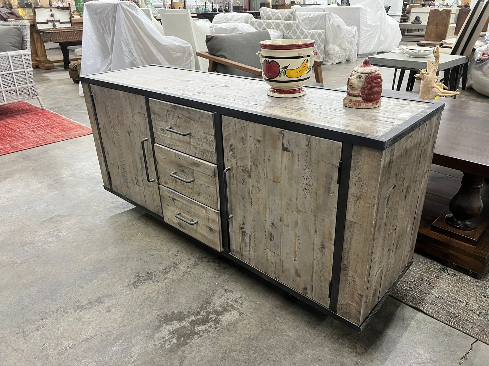 Industrial Whitewashed Three-Drawer Sideboard