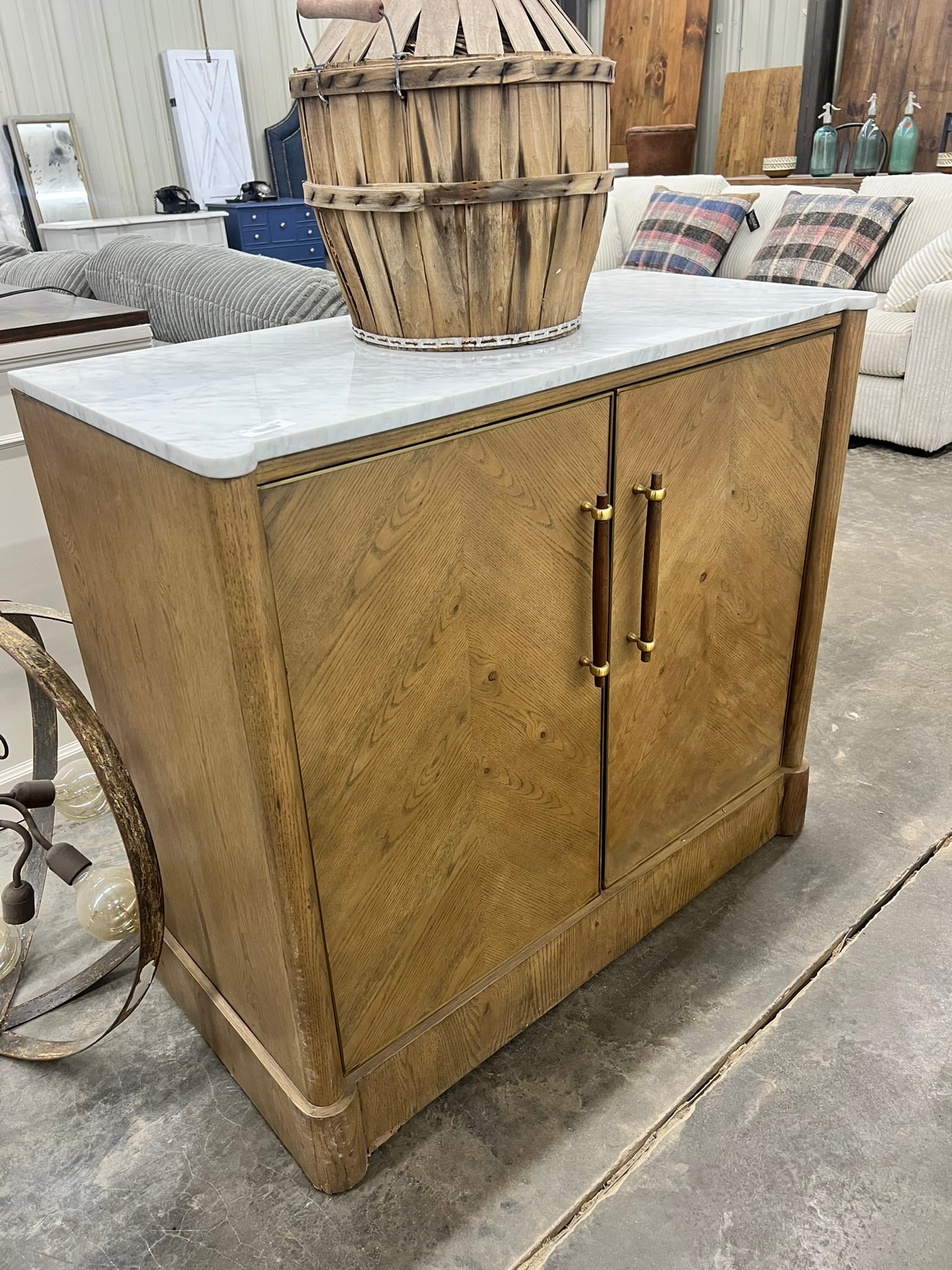 Marble-Top Light Wood Console Cabinet