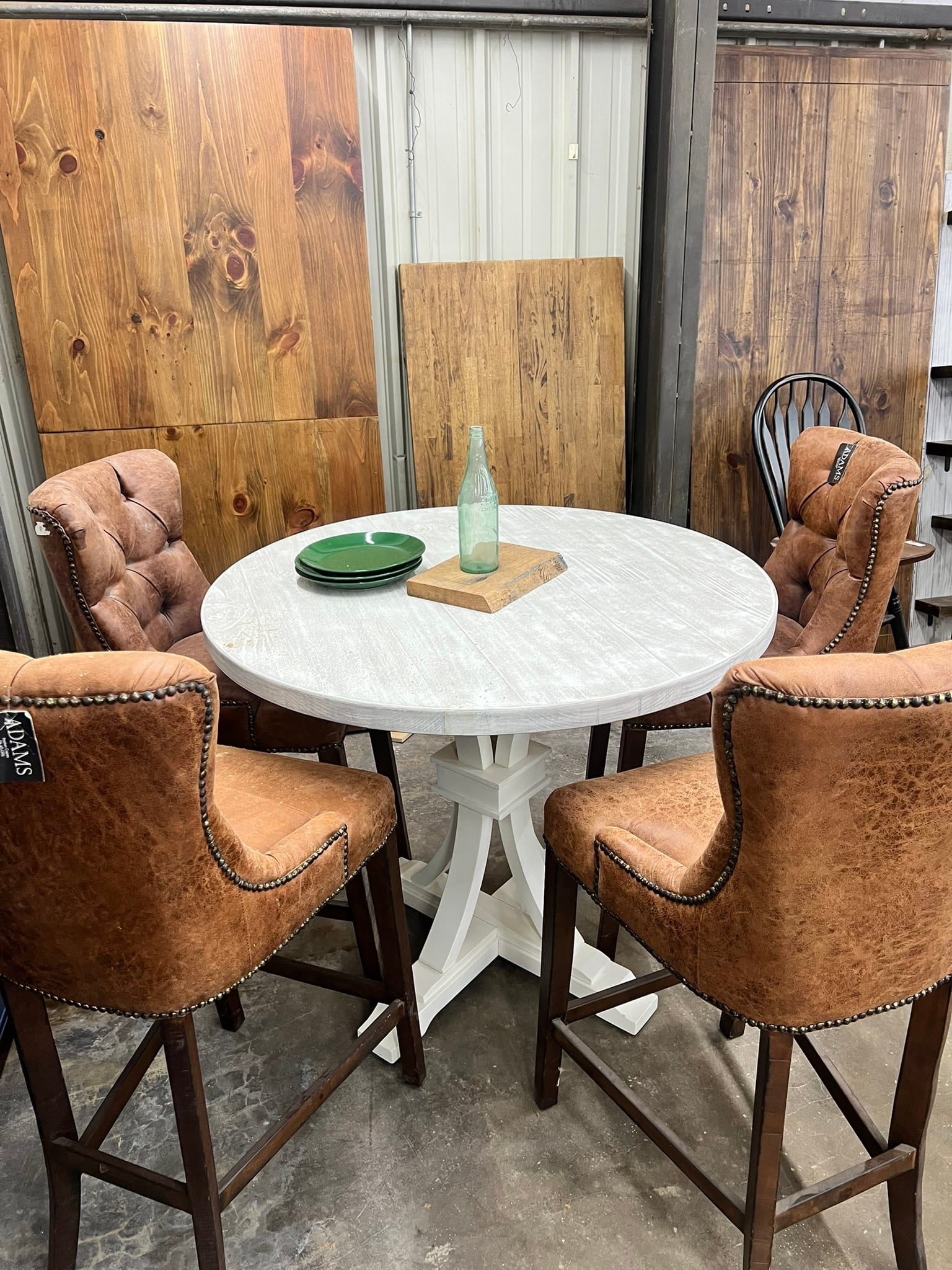 Marble-Top Pub Table with Tufted Leather Barstools