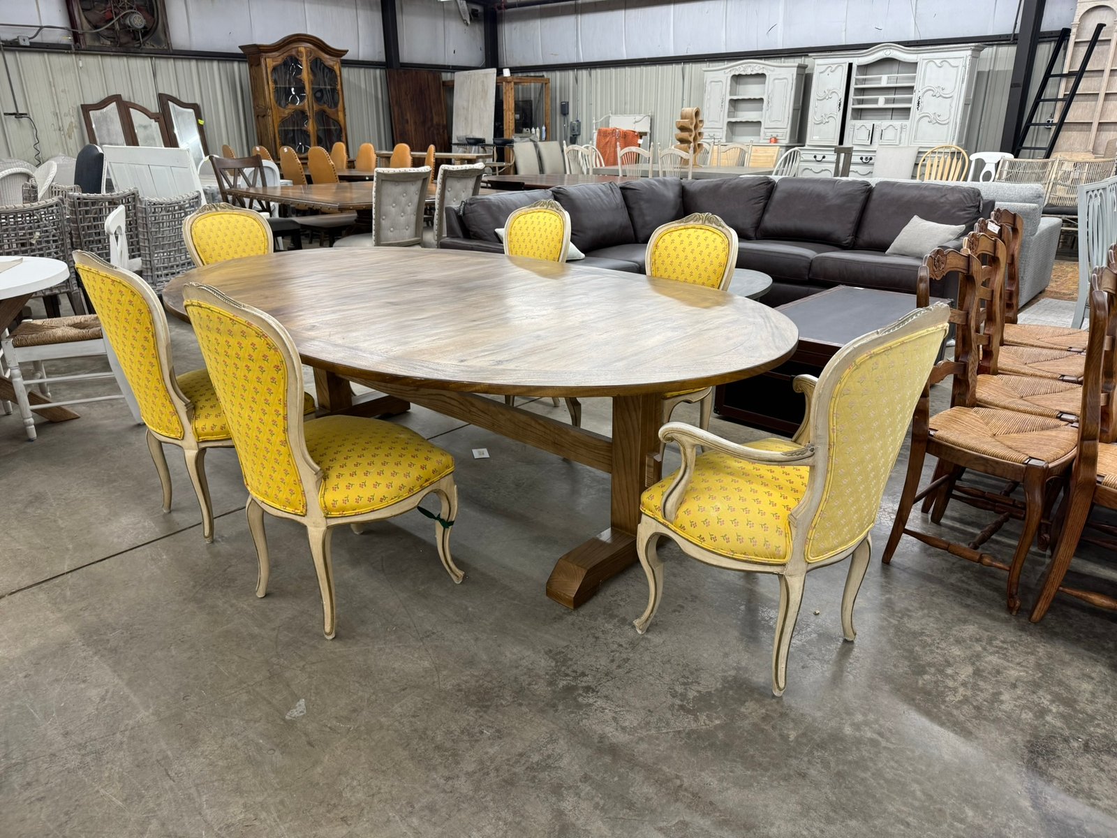 Oval Pedestal Dining Table & 6 Yellow Tufted French Chairs