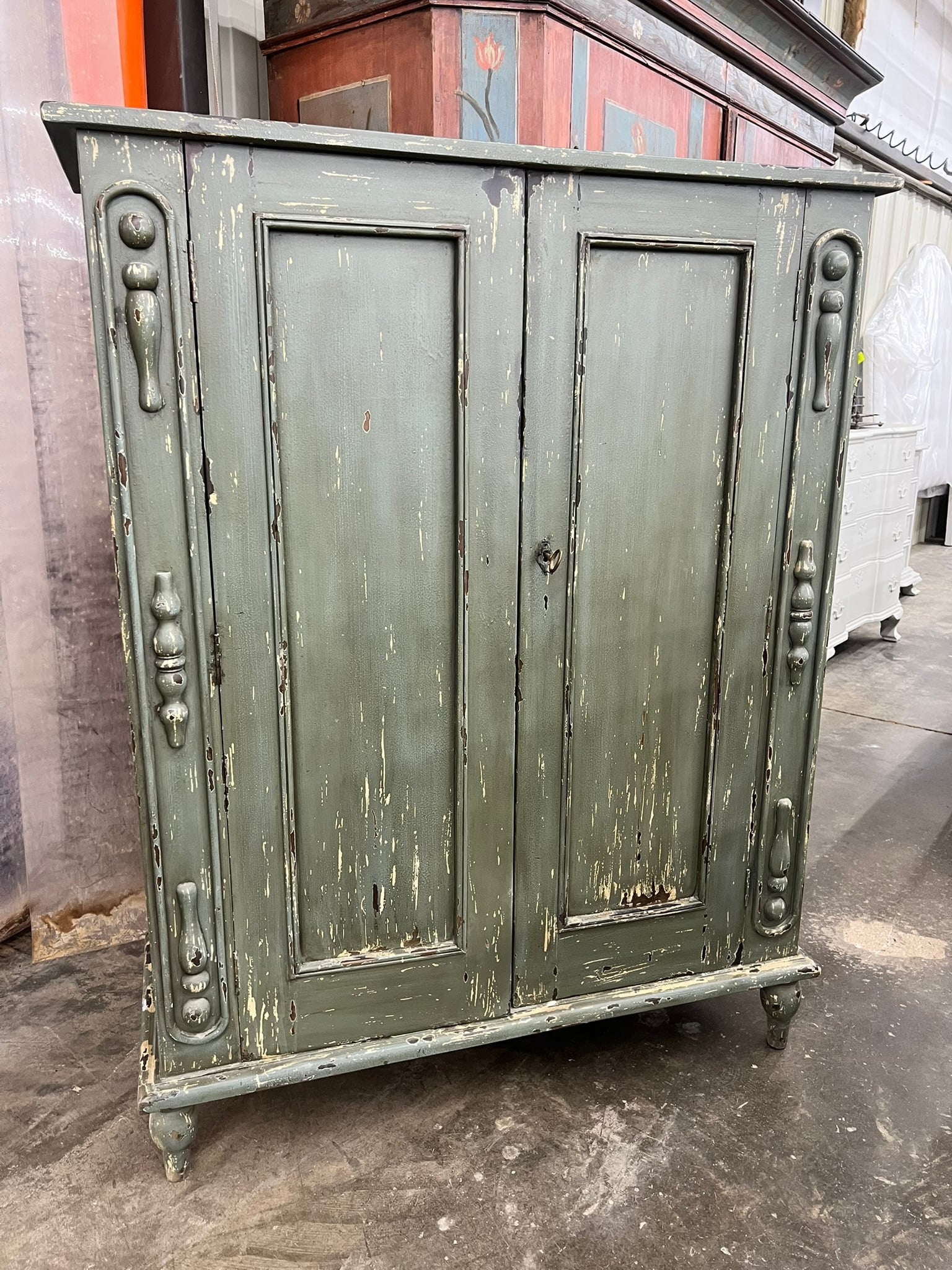 Sage-Painted Antique Two-Door Cabinet