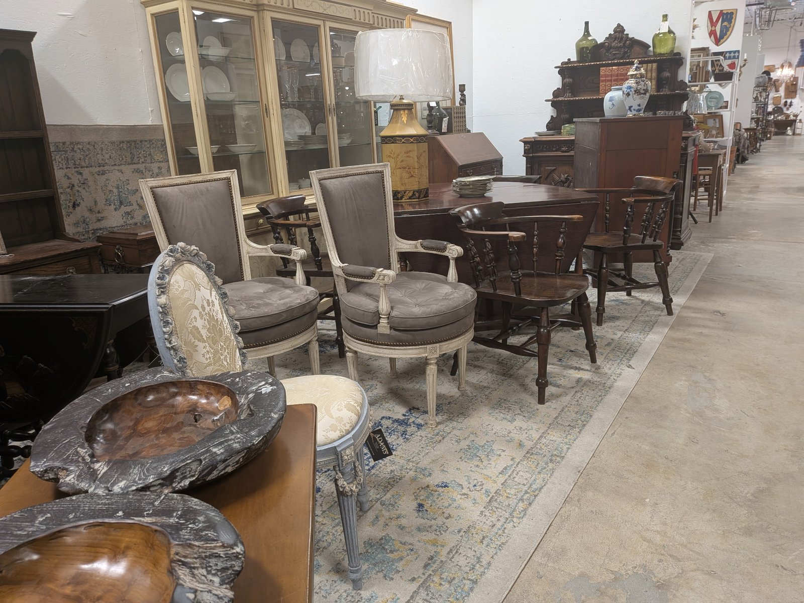 Set of 4 Painted Frame Armchairs, Gray Velvet