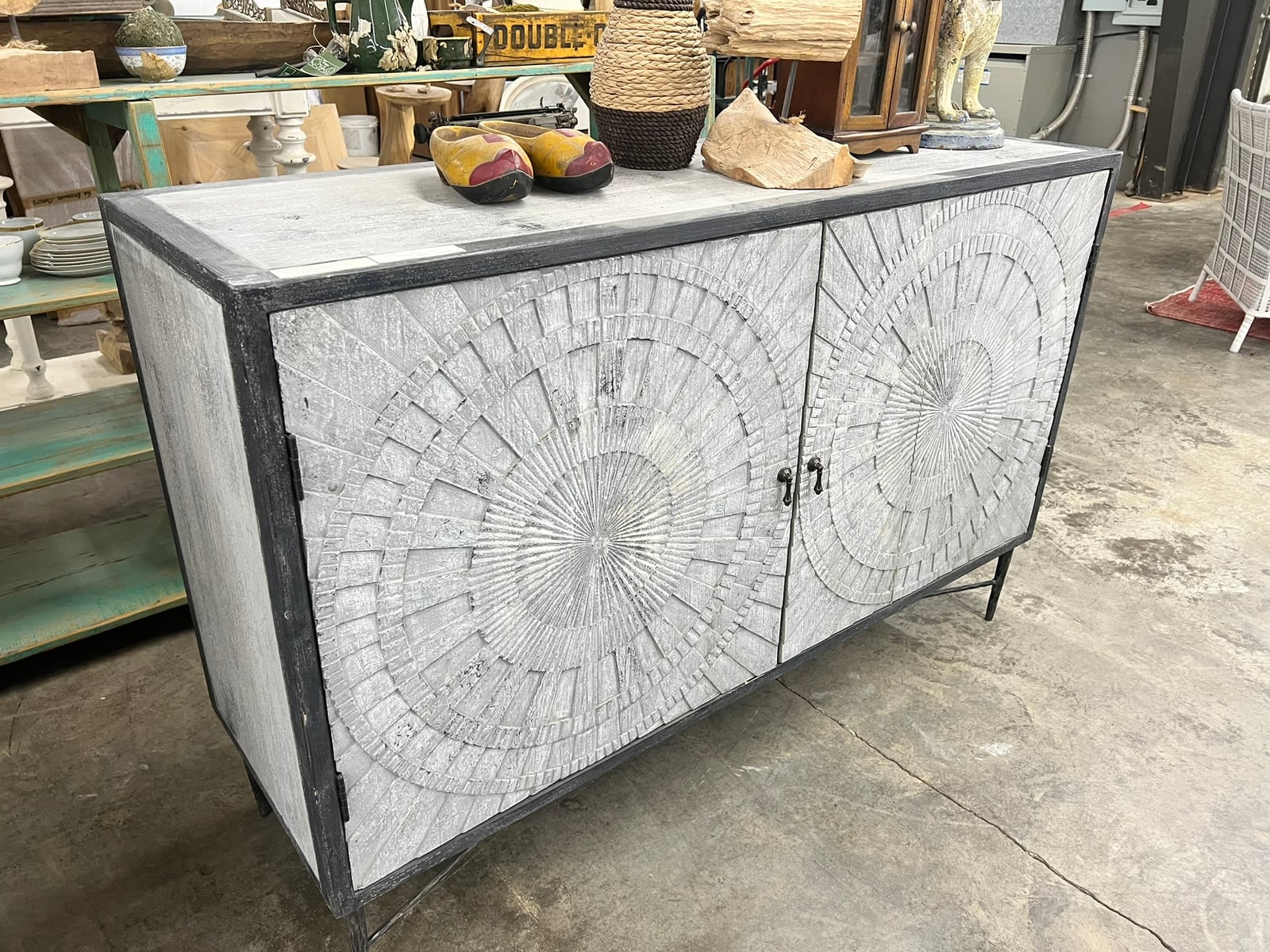 Sunburst-Carved Whitewashed Sideboard