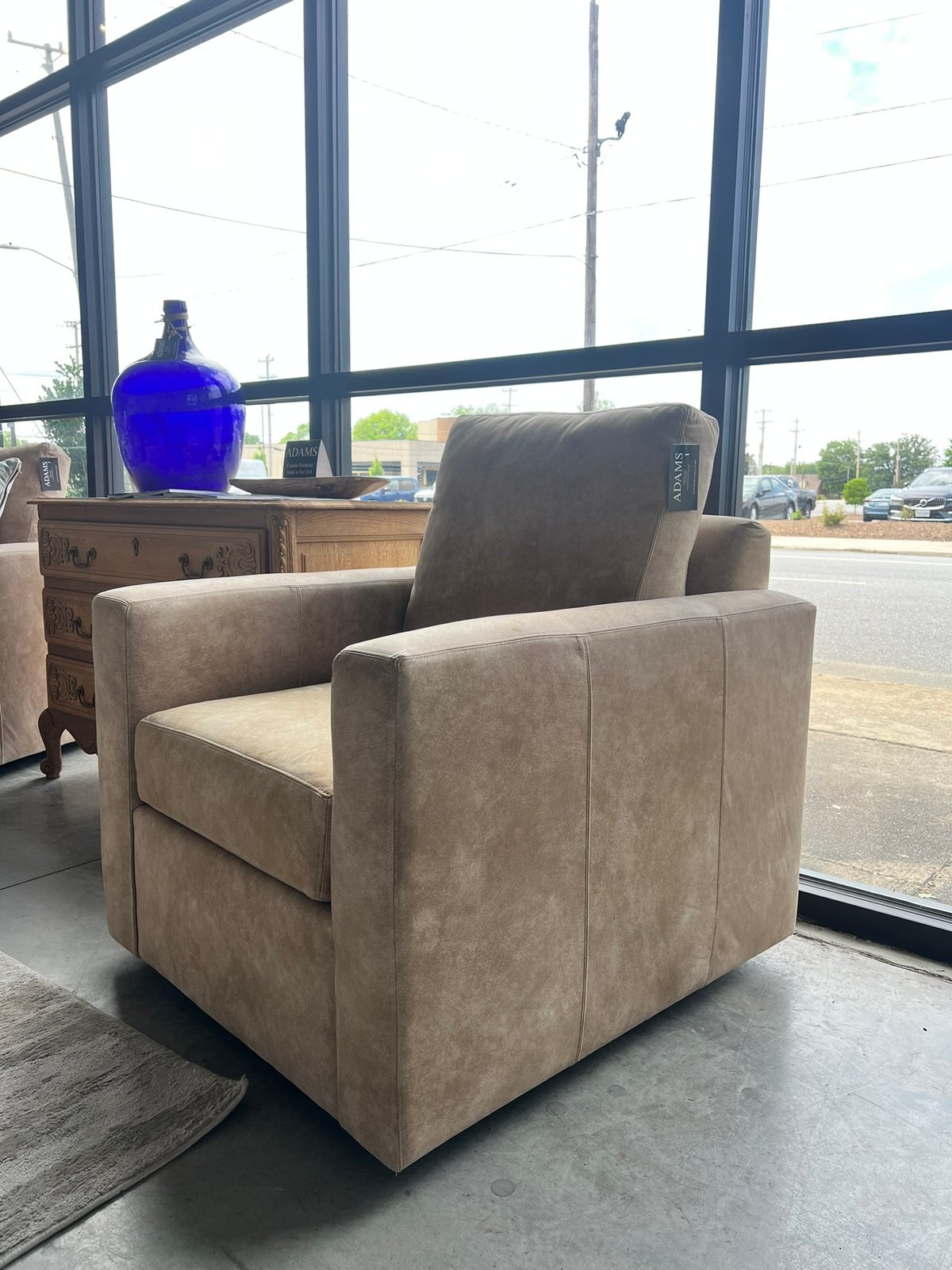Track Arm Swivel Chair, Tan Suede