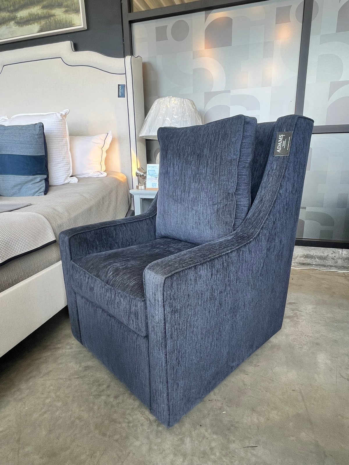 Wingback Swivel Chair, Navy Chenille